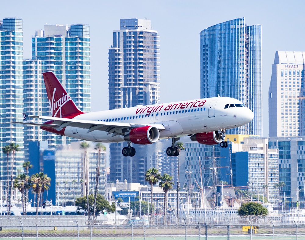 Sun Photo A00020 Virgin America landing at San Diego Airport